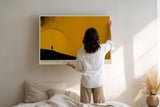 Paul Sinus Wandbild 120x80cm minimalistische Landschaft mit Person vor grosser Sonne modernes Kunstmotiv in warmem Gelb abstrakte Natur Szene stilvolle Wanddekoration fuer Wohnzimmer Büro