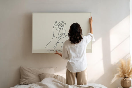 Paul Sinus Wandbild 120x80cm minimalistische Line Art Haende Schutz Seele moderne Illustration ruhige Kunst Kunstdruck stilvolle Wanddekoration fuer Wohnzimmer Schlafzimmer Büro