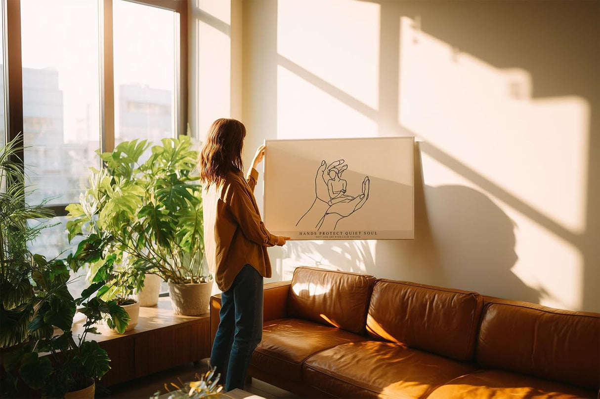 Paul Sinus Wandbild 120x80cm minimalistische Line Art Haende Schutz Seele moderne Illustration ruhige Kunst Kunstdruck stilvolle Wanddekoration fuer Wohnzimmer Schlafzimmer Büro