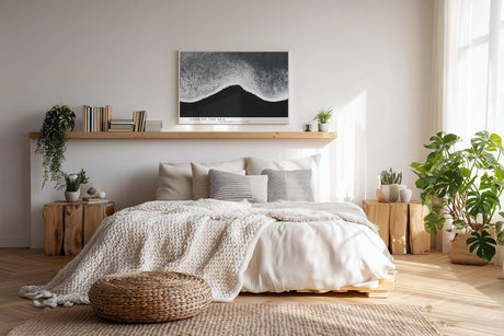 Paul Sinus Wandbild 120x80cm Minimalistische Meereskante – Schwarz Weiß Ozean Fotokunst mit ruhiger Wellenlinie für moderne Räume