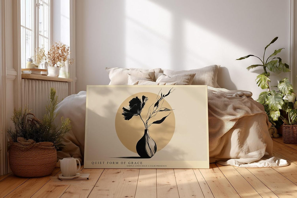 Paul Sinus Wandbild 120x80cm minimalistische Vase mit Blumen modern beige schwarz skandinavische Kunst ruhige Linien elegante Wanddekoration fuer Wohnzimmer Büro