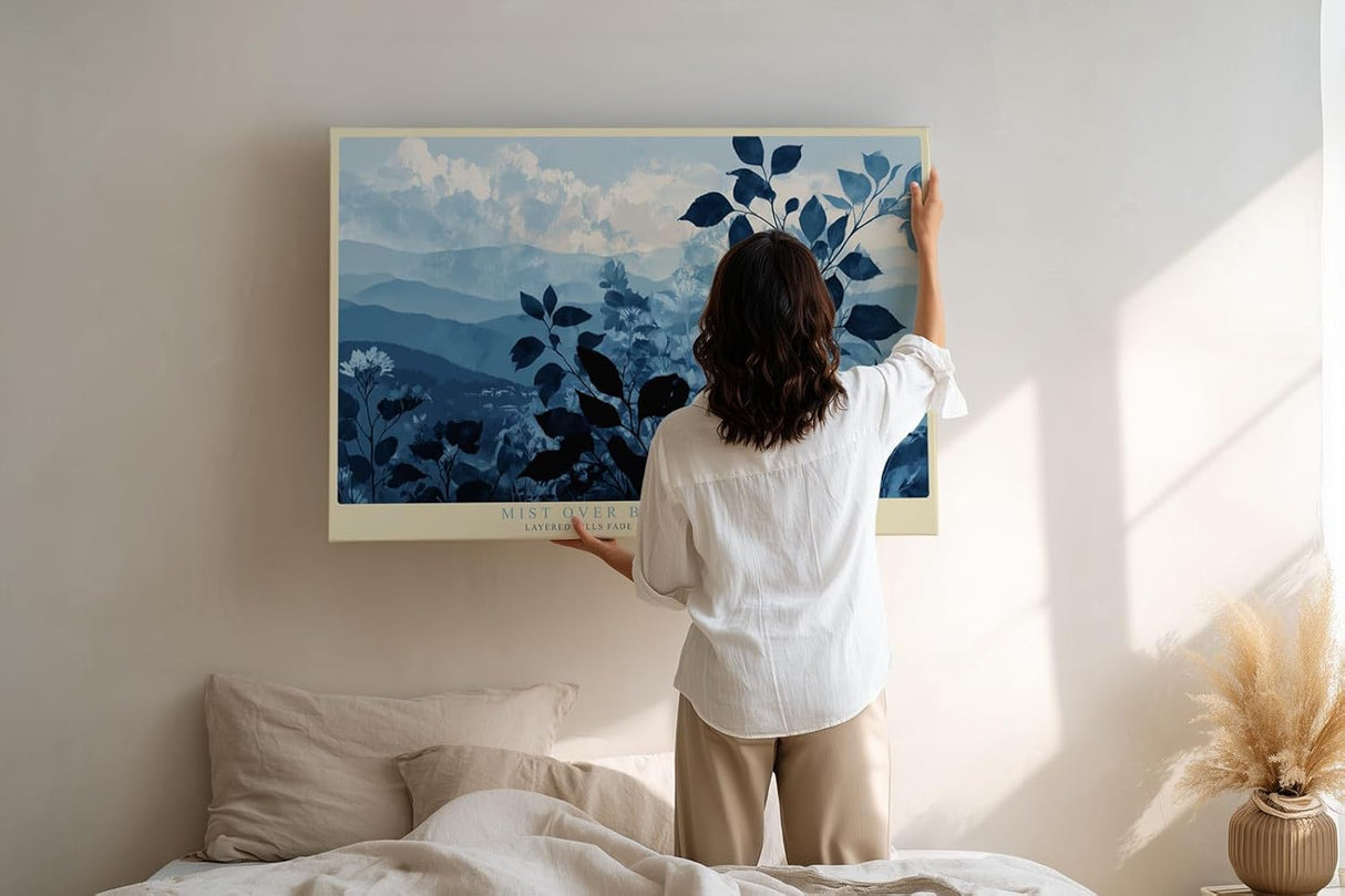 Paul Sinus Wandbild 120x80cm Mist over Blue Ridges Blaue Berglandschaft mit Nebel Ruhige Natur Kunst fuer Wohnzimmer Schlafzimmer und Büro
