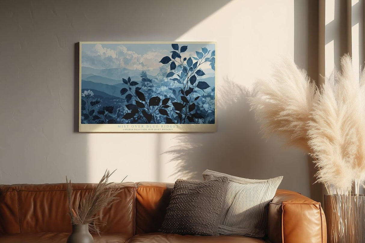 Paul Sinus Wandbild 120x80cm Mist over Blue Ridges Blaue Berglandschaft mit Nebel Ruhige Natur Kunst fuer Wohnzimmer Schlafzimmer und Büro