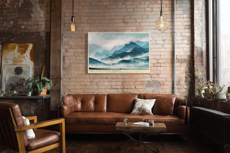 Paul Sinus Wandbild 120x80cm Mist over Frozen Ranges Neblige Gebirgslandschaft in Blau Moderne Berg Kunst fuer Wohnzimmer Schlafzimmer und Büro