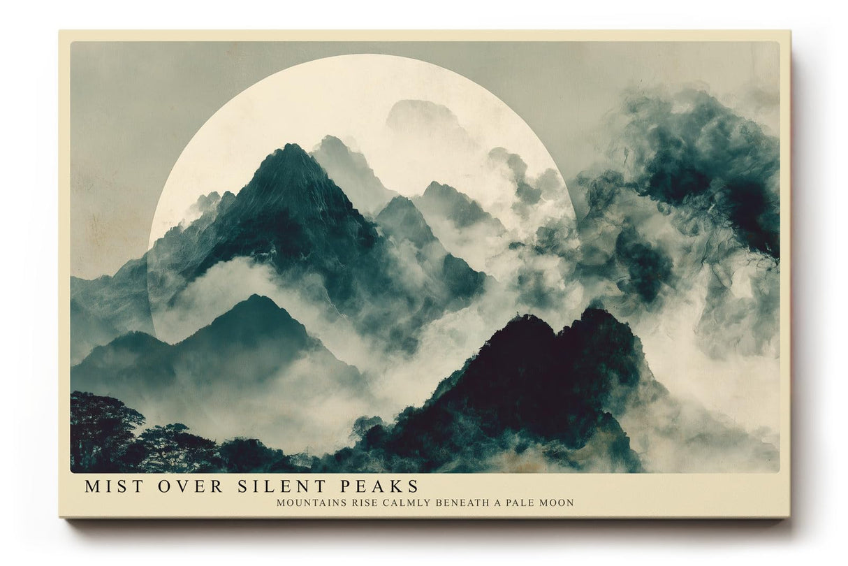 Paul Sinus Wandbild 120x80cm Mist over Silent Peaks asiatische Berglandschaft mit Nebel und Mond Kunst Poster für Wohnzimmer Büro