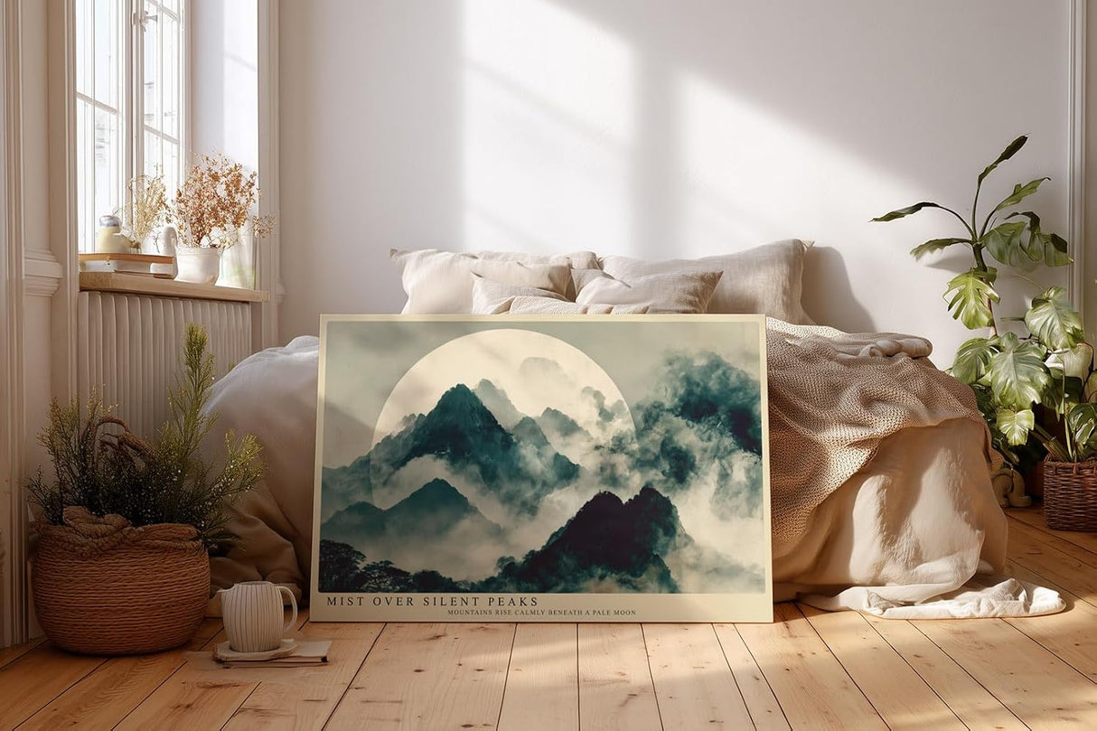 Paul Sinus Wandbild 120x80cm Mist over Silent Peaks asiatische Berglandschaft mit Nebel und Mond Kunst Poster für Wohnzimmer Büro