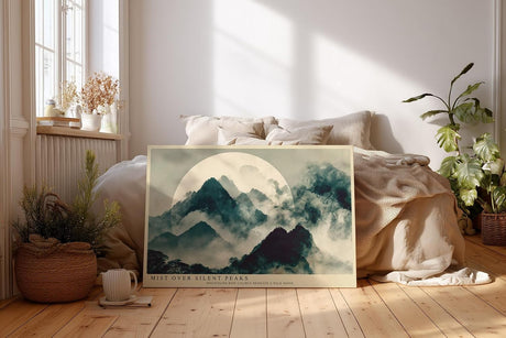 Paul Sinus Wandbild 120x80cm Mist over Silent Peaks asiatische Berglandschaft mit Nebel und Mond Kunst Poster für Wohnzimmer Büro