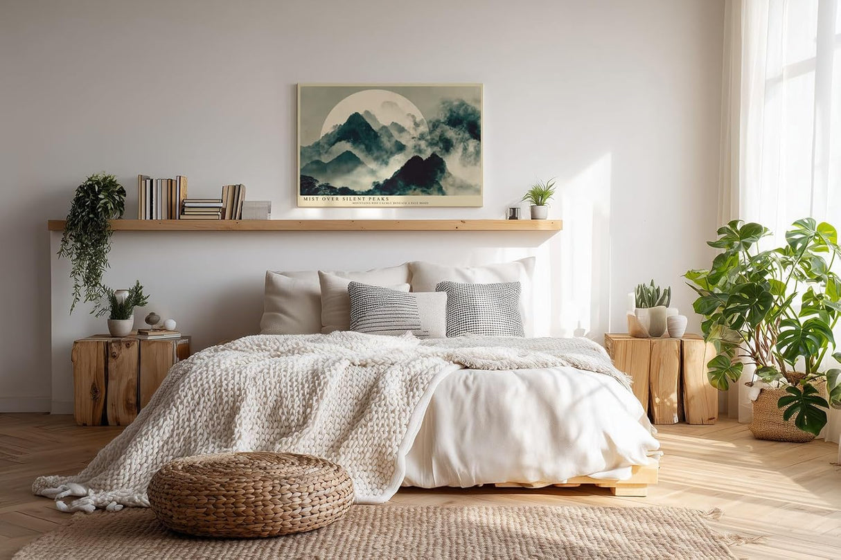 Paul Sinus Wandbild 120x80cm Mist over Silent Peaks asiatische Berglandschaft mit Nebel und Mond Kunst Poster für Wohnzimmer Büro