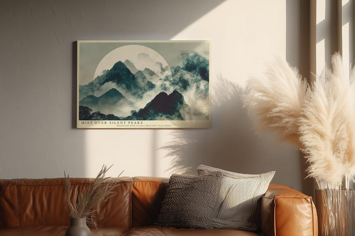 Paul Sinus Wandbild 120x80cm Mist over Silent Peaks asiatische Berglandschaft mit Nebel und Mond Kunst Poster für Wohnzimmer Büro
