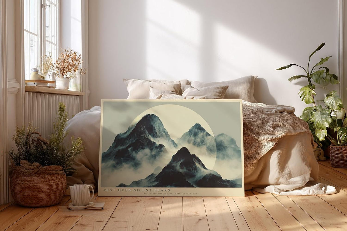 Paul Sinus Wandbild 120x80cm Mist over Silent Peaks Nebel Berge Landschaft Minimalistische Natur Kunst fuer Wohnzimmer Schlafzimmer und Büro