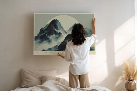 Paul Sinus Wandbild 120x80cm Mist over Silent Peaks Nebel Berge Landschaft Minimalistische Natur Kunst fuer Wohnzimmer Schlafzimmer und Büro