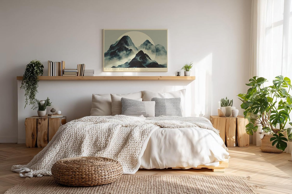 Paul Sinus Wandbild 120x80cm Mist over Silent Peaks Nebel Berge Landschaft Minimalistische Natur Kunst fuer Wohnzimmer Schlafzimmer und Büro