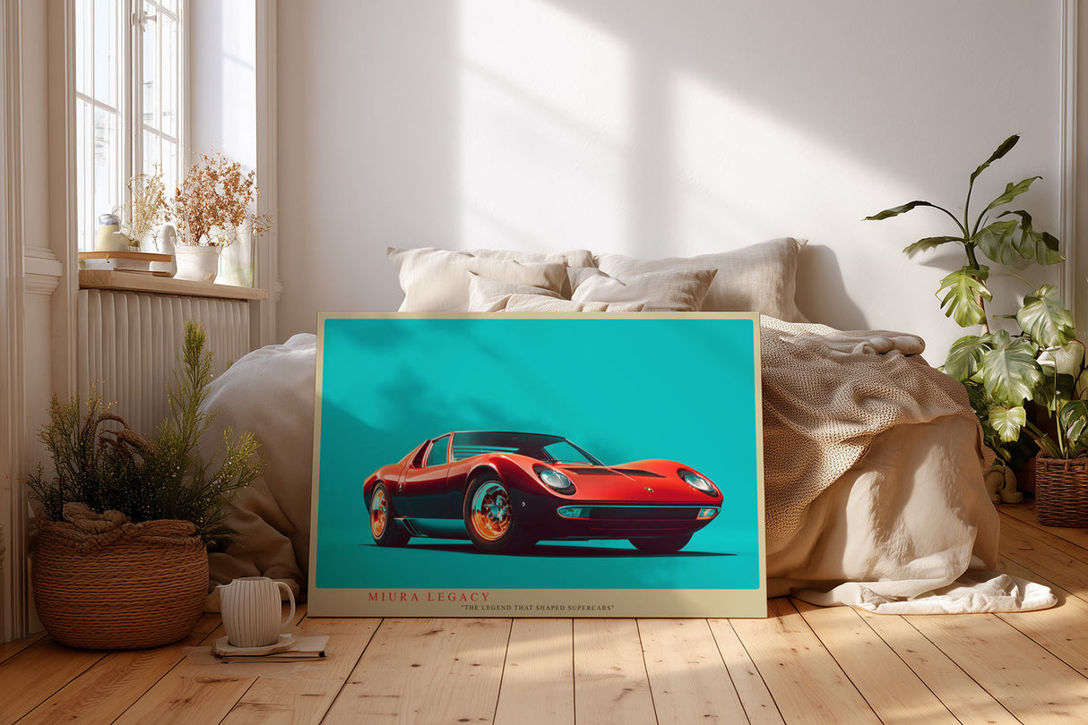 Paul Sinus Wandbild Miura Legacy ikonisches Automotiv im Retro Stil mit rotem Supersportwagen für moderne Räume mit Dynamik und Eleganz