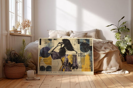 Paul Sinus Wandbild 120x80cm Moderne Collage Kunst Frau Abstrakt Gelb Blau Urbaner Kunststil Kunstdruck Poster Grosse Wanddekoration fuer Wohnzimmer Büro Atelier