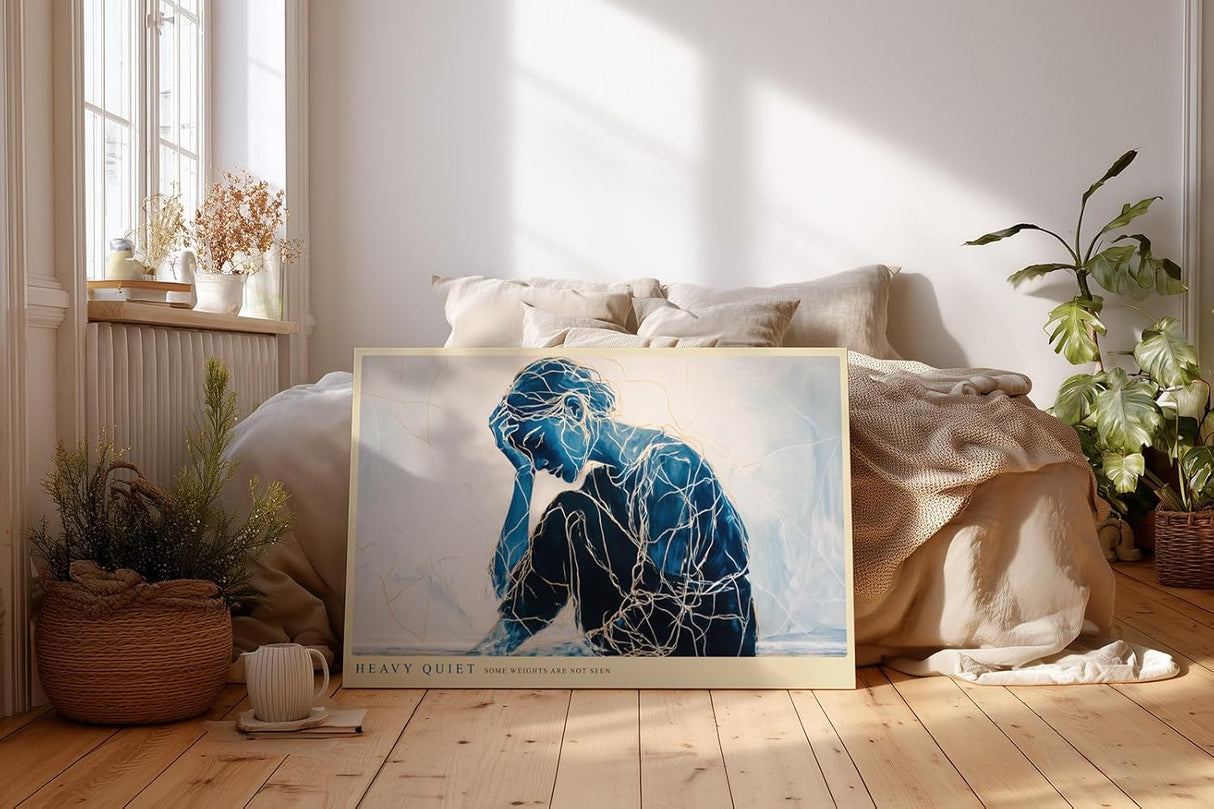 Paul Sinus Wandbild 120x80cm moderne Figurkunst nachdenkliche Frau blau abstrakte Linienkunst emotionales Kunstbild stilvolle Wanddekoration fuer Wohnzimmer Büro