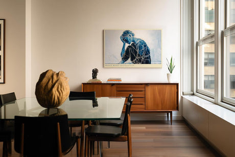Paul Sinus Wandbild 120x80cm moderne Figurkunst nachdenkliche Frau blau abstrakte Linienkunst emotionales Kunstbild stilvolle Wanddekoration fuer Wohnzimmer Büro