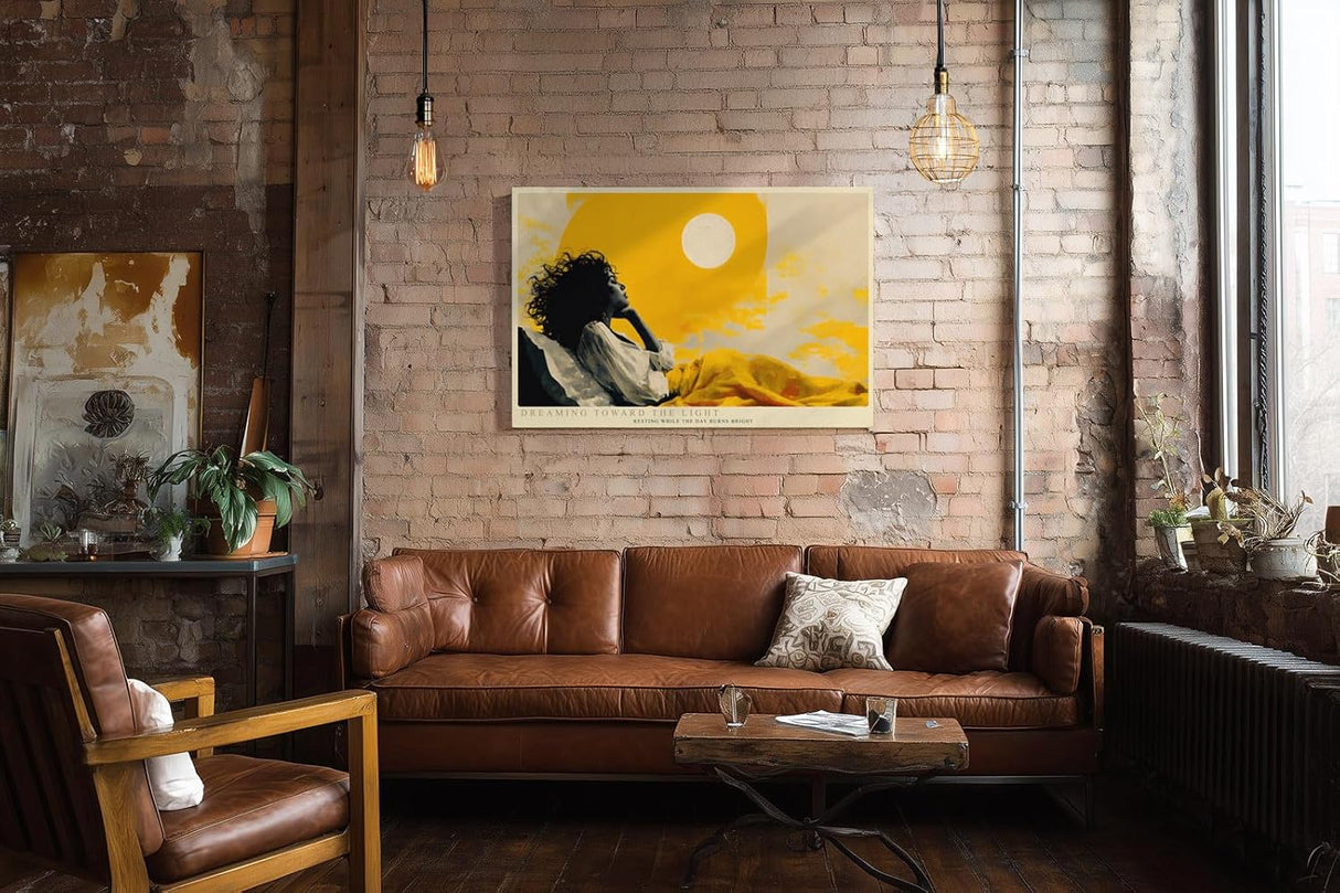 Paul Sinus Wandbild 120x80cm moderne Frauenfigur unter gelber Sonne abstrakte Kunst warmes Gelb stilvolle Illustration moderne Wanddekoration fuer Wohnzimmer Büro