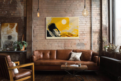 Paul Sinus Wandbild 120x80cm moderne Frauenfigur unter gelber Sonne abstrakte Kunst warmes Gelb stilvolle Illustration moderne Wanddekoration fuer Wohnzimmer Büro