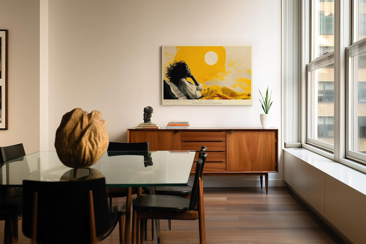 Paul Sinus Wandbild 120x80cm moderne Frauenfigur unter gelber Sonne abstrakte Kunst warmes Gelb stilvolle Illustration moderne Wanddekoration fuer Wohnzimmer Büro