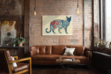 Paul Sinus Wandbild 120x80cm moderne Katzenkunst floral Muster blau rot abstrakte Tierillustration grosses Kunstbild kreative Wanddekoration fuer Wohnzimmer Büro