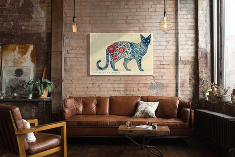 Paul Sinus Wandbild 120x80cm moderne Katzenkunst floral Muster blau rot abstrakte Tierillustration grosses Kunstbild kreative Wanddekoration fuer Wohnzimmer Büro