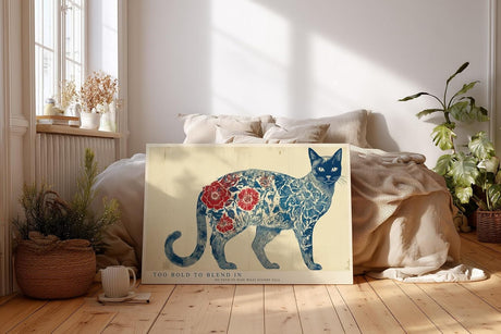 Paul Sinus Wandbild 120x80cm moderne Katzenkunst floral Muster blau rot abstrakte Tierillustration grosses Kunstbild kreative Wanddekoration fuer Wohnzimmer Büro