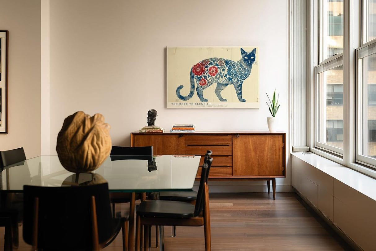 Paul Sinus Wandbild 120x80cm moderne Katzenkunst floral Muster blau rot abstrakte Tierillustration grosses Kunstbild kreative Wanddekoration fuer Wohnzimmer Büro