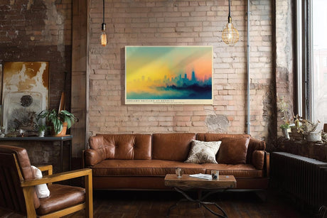 Paul Sinus Wandbild 120x80cm moderne Skyline abstrakte Stadtlandschaft Sonnenaufgang farbverlauf Stadt Kunstbild urbanes Panorama stilvolle
