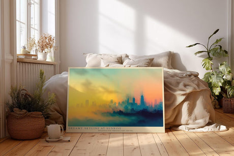Paul Sinus Wandbild 120x80cm moderne Skyline abstrakte Stadtlandschaft Sonnenaufgang farbverlauf Stadt Kunstbild urbanes Panorama stilvolle