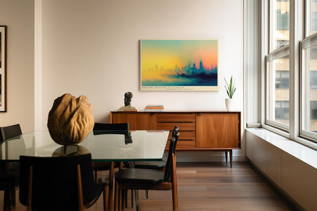 Paul Sinus Wandbild 120x80cm moderne Skyline abstrakte Stadtlandschaft Sonnenaufgang farbverlauf Stadt Kunstbild urbanes Panorama stilvolle