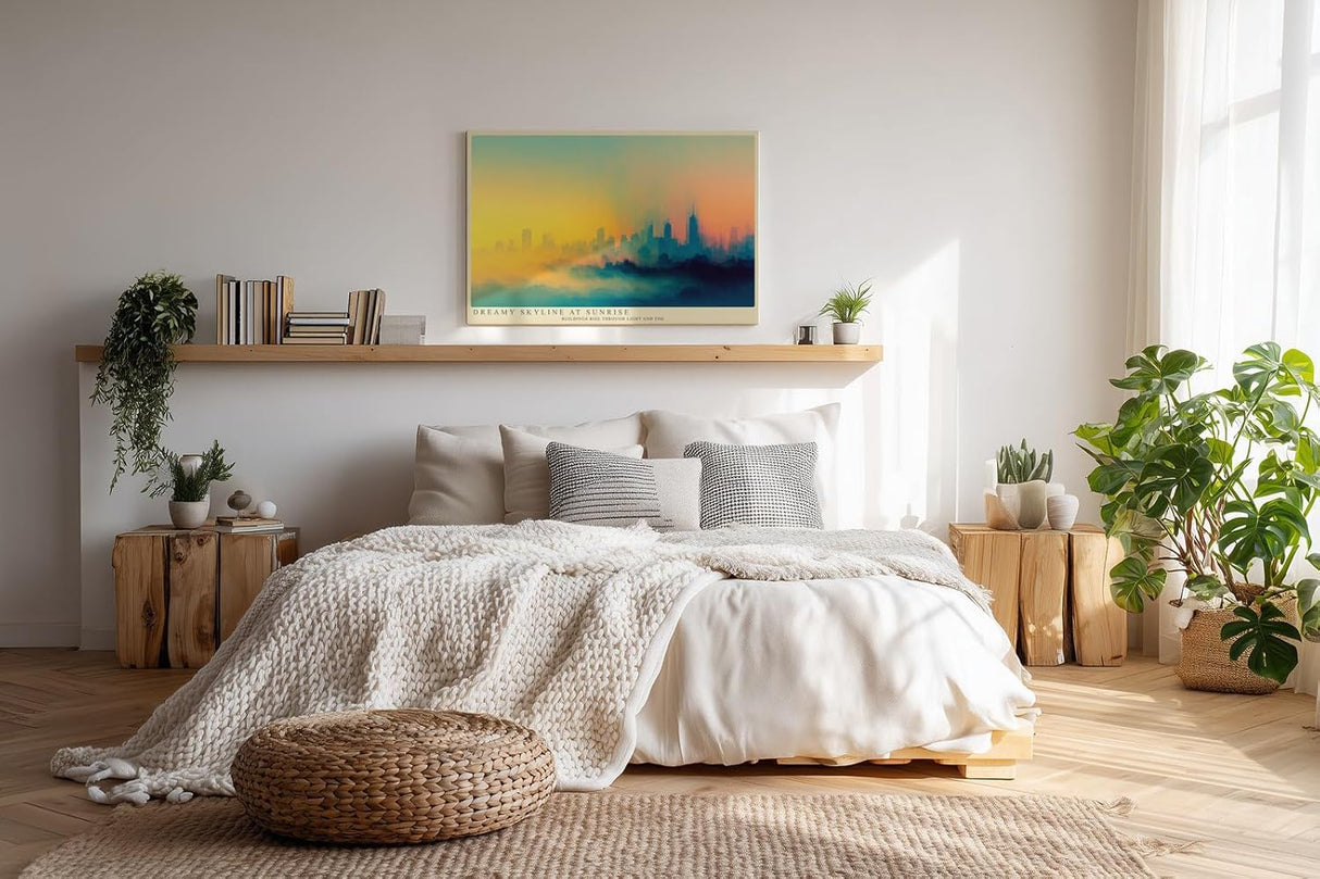 Paul Sinus Wandbild 120x80cm moderne Skyline abstrakte Stadtlandschaft Sonnenaufgang farbverlauf Stadt Kunstbild urbanes Panorama stilvolle