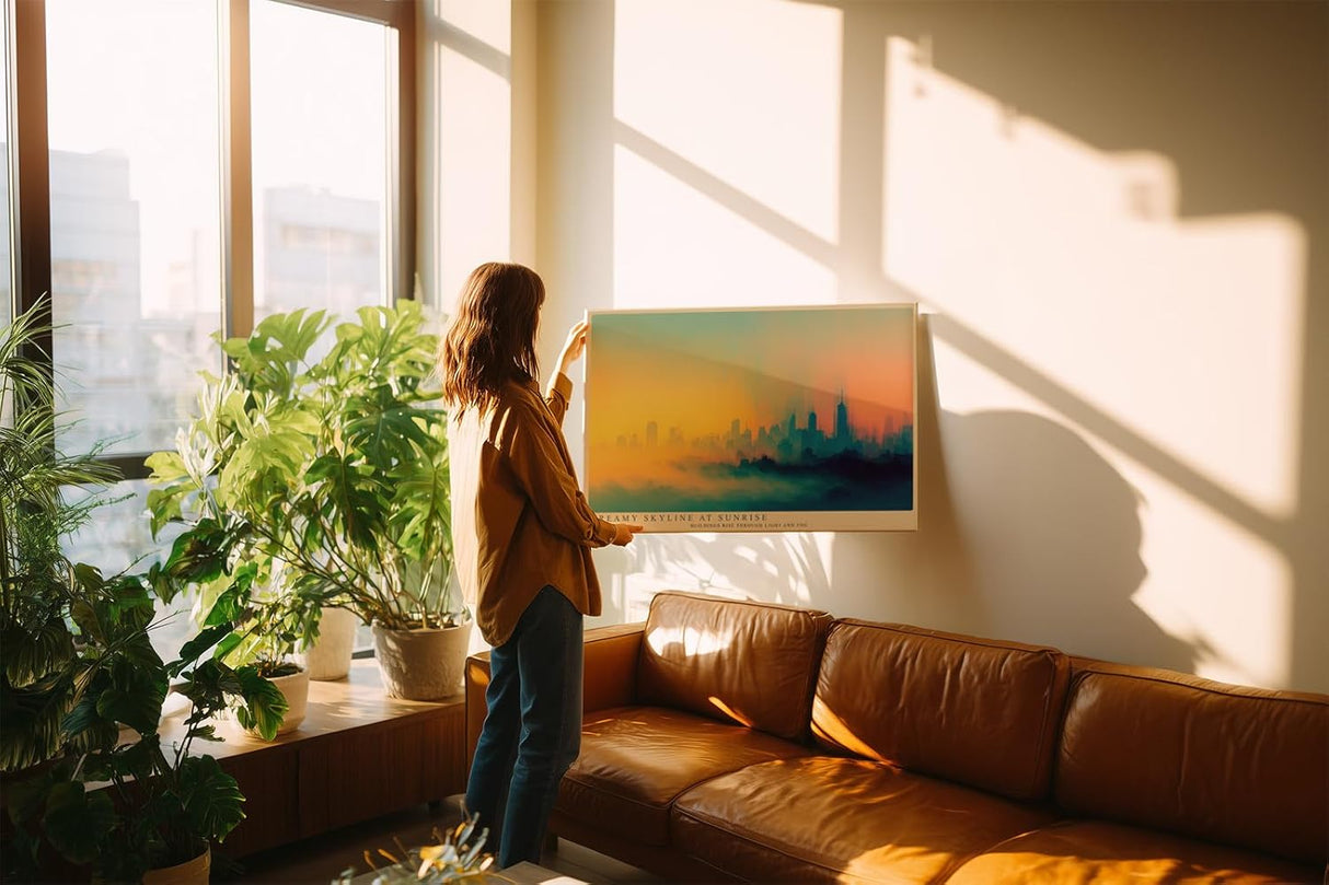 Paul Sinus Wandbild 120x80cm moderne Skyline abstrakte Stadtlandschaft Sonnenaufgang farbverlauf Stadt Kunstbild urbanes Panorama stilvolle