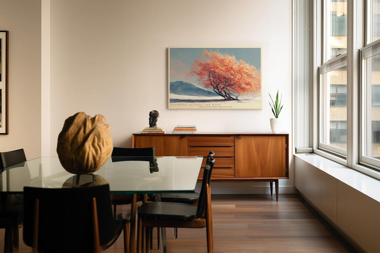 Paul Sinus Wandbild 120x80cm moderner Herbstbaum Landschaft Kunst orange Baum minimalistische Naturmalerei Kunstdruck ruhige