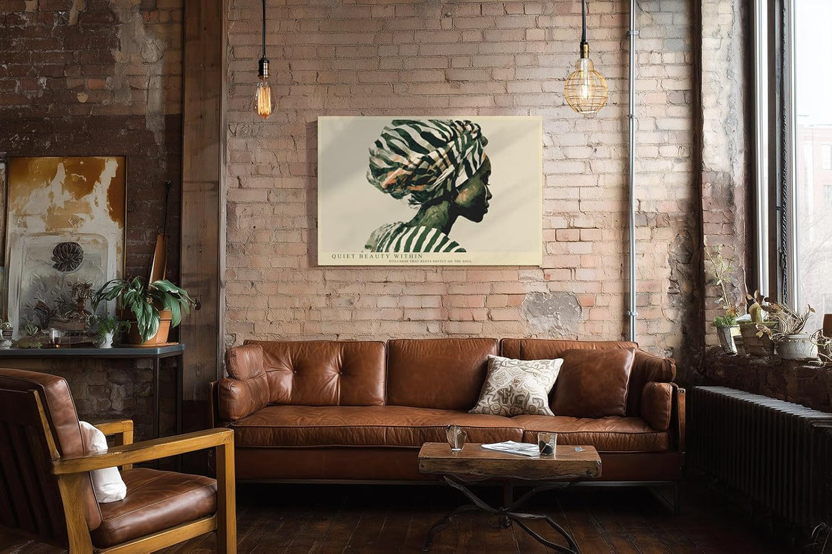 Paul Sinus Wandbild 120x80cm modernes Frauenportrait Illustration mit grünem Kopftuch elegante Kunst in Naturtönen stilvolle