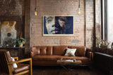 Paul Sinus Wandbild 120x80cm Modernes Kunstportrait in Blau und Gold Abstrakt inspiriertes Gesichtsmotiv