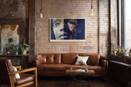 Paul Sinus Wandbild 120x80cm Modernes Kunstportrait in Blau und Gold Abstrakt inspiriertes Gesichtsmotiv