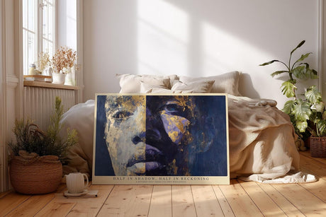 Paul Sinus Wandbild 120x80cm Modernes Kunstportrait in Blau und Gold Abstrakt inspiriertes Gesichtsmotiv