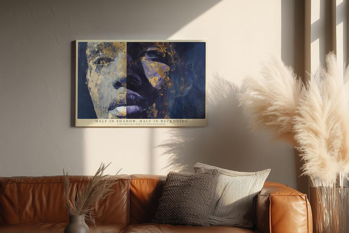 Paul Sinus Wandbild 120x80cm Modernes Kunstportrait in Blau und Gold Abstrakt inspiriertes Gesichtsmotiv