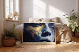 Paul Sinus Wandbild 120x80cm Modernes Portrait Gold Blau Kunstmotiv Ausdrucksstarkes Gesicht in abstrakter Malerei