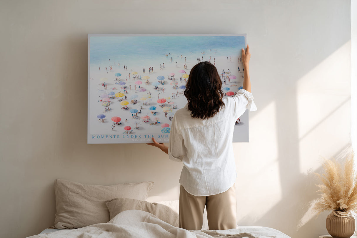 Paul Sinus Wandbild Moments under the Sun – Bunte Sonnenschirme am weißen Strand