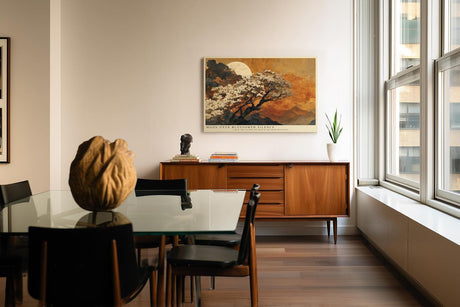 Paul Sinus Wandbild 120x80cm Mond Landschaft Baum Blueten Asiatische Natur Kunstmotiv Abendliche Bergszene mit Vollmond