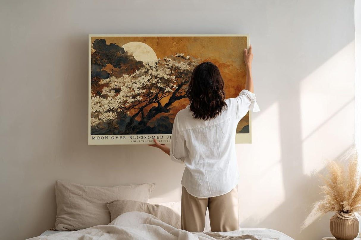 Paul Sinus Wandbild 120x80cm Mond Landschaft Baum Blueten Asiatische Natur Kunstmotiv Abendliche Bergszene mit Vollmond