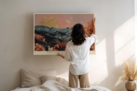 Paul Sinus Wandbild 120x80cm Mond Über Bergen Blumen Landschaft LeinWandbild 120x80cm Traumhafte Natur Wanddekoration