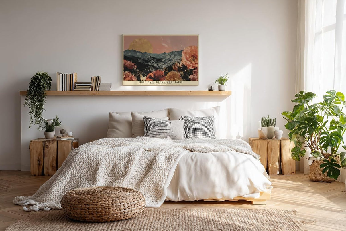 Paul Sinus Wandbild 120x80cm Mond Über Bergen Blumen Landschaft LeinWandbild 120x80cm Traumhafte Natur Wanddekoration