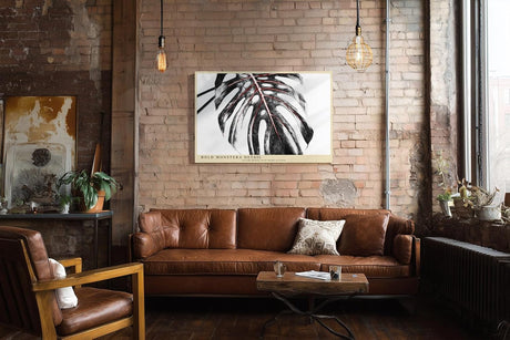 Paul Sinus Wandbild 120x80cm Monstera Blatt Detail Schwarz Weiss mit roten Linien moderne botanische Kunst Makro Pflanzenbild für Wohnzimmer Büro