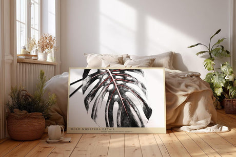 Paul Sinus Wandbild 120x80cm Monstera Blatt Detail Schwarz Weiss mit roten Linien moderne botanische Kunst Makro Pflanzenbild für Wohnzimmer Büro