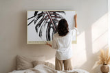 Paul Sinus Wandbild 120x80cm Monstera Blatt Detail Schwarz Weiss mit roten Linien moderne botanische Kunst Makro Pflanzenbild für Wohnzimmer Büro