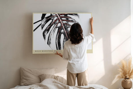 Paul Sinus Wandbild 120x80cm Monstera Blatt Detail Schwarz Weiss mit roten Linien moderne botanische Kunst Makro Pflanzenbild für Wohnzimmer Büro