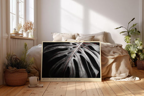 Paul Sinus Wandbild 120x80cm Monstera Blatt dunkel minimalistische Pflanzenkunst schwarz weiss moderne botanische Wanddekoration fuer Wohnzimmer Büro