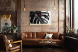 Paul Sinus Wandbild 120x80cm Monstera Blatt Schwarz Weiss Fotokunst tropische Pflanzen Makroaufnahme modernes Natur Kunstbild für Wohnzimmer Büro